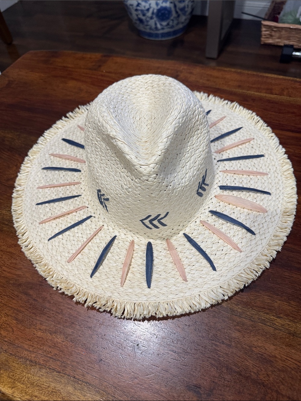 Boho Chic Straw Fedora Hat with Fringe Brim & blue and peachy color Design